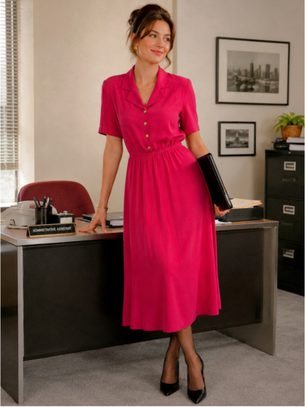 Willow Ridge Vintage 90s Fuchsia Short Sleeve Button Midi Dress Size 12